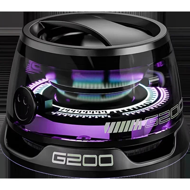 Black and purple electronic device with 'G200' branding on a dark background