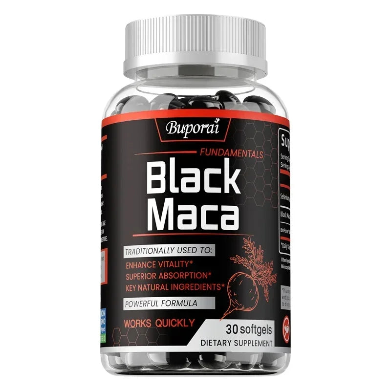 Schwarzes Maca-Ergänzungsmittel Energie Ausdauer Muskeln Hormone