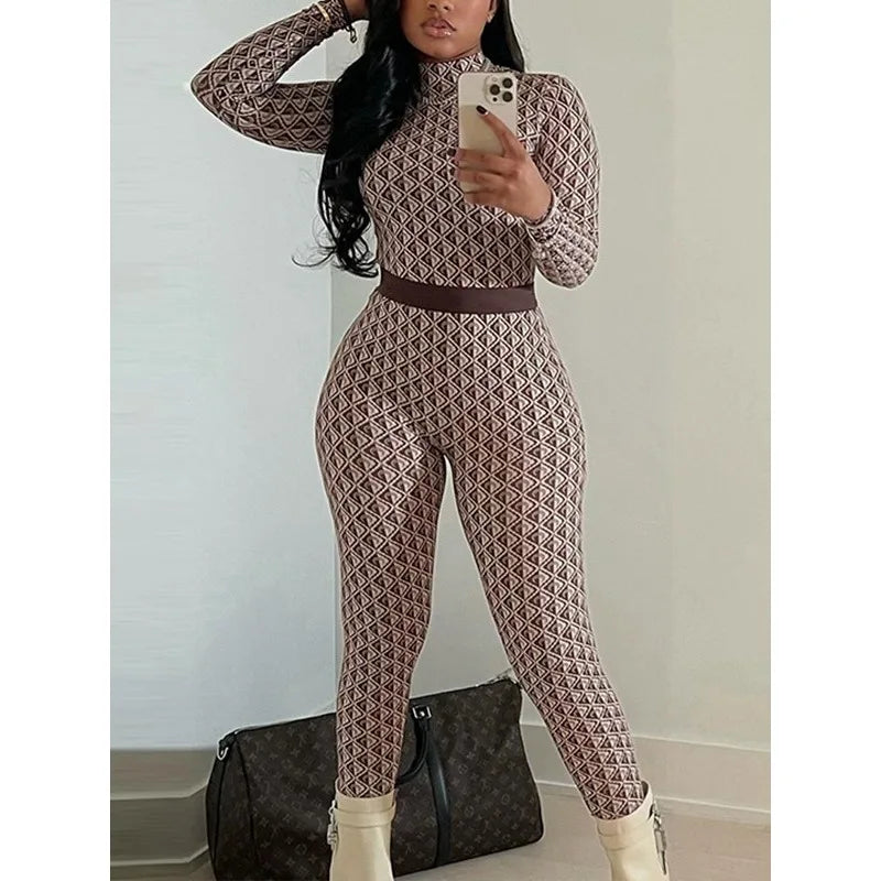 Krisnanas Argyle Skinny Jumpsuits for Woman 2025 Stand Neck Long Sleeve Zipper One Piece Bodysuit Fitness Sportwear 154004