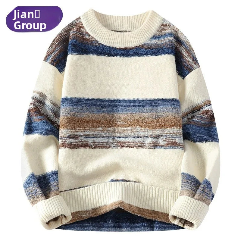 Striped sweater with blue and brown patterns on a white background, featuring the Jian Group logo.