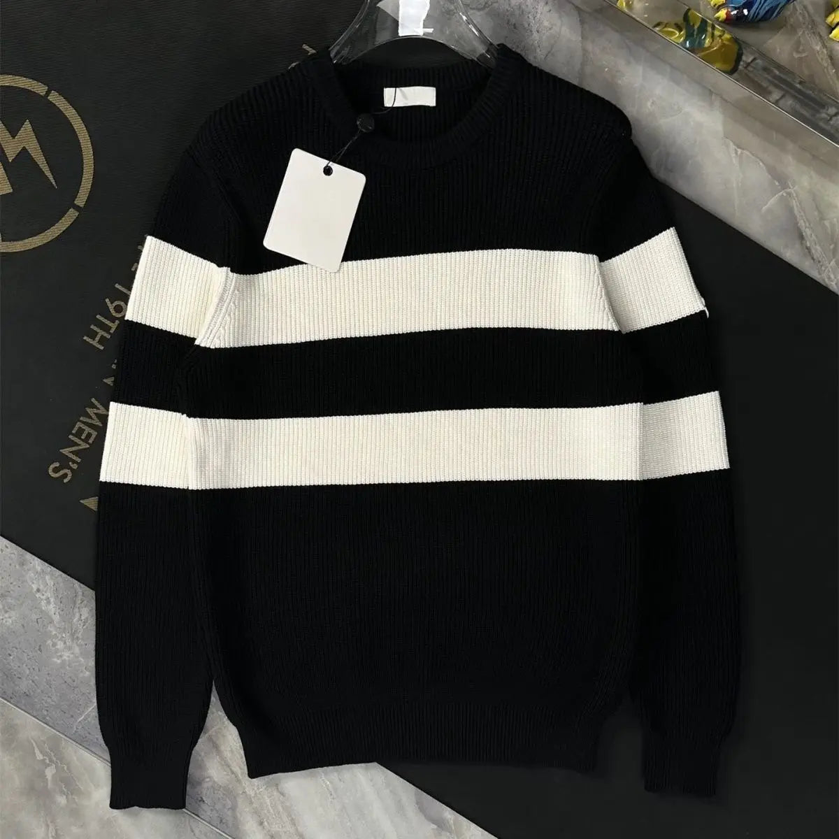 Mens Striped Plush Pullover Warm Casual Base Layer Sweater