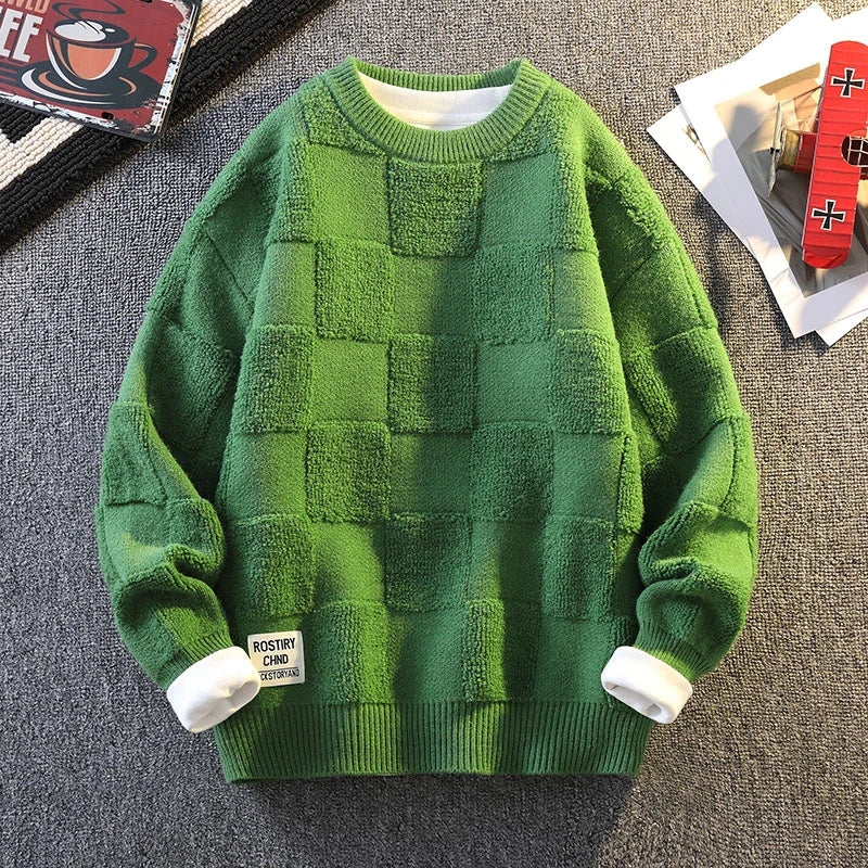 Unisex Karierter Strickpullover – Lockere Passform, Langarm