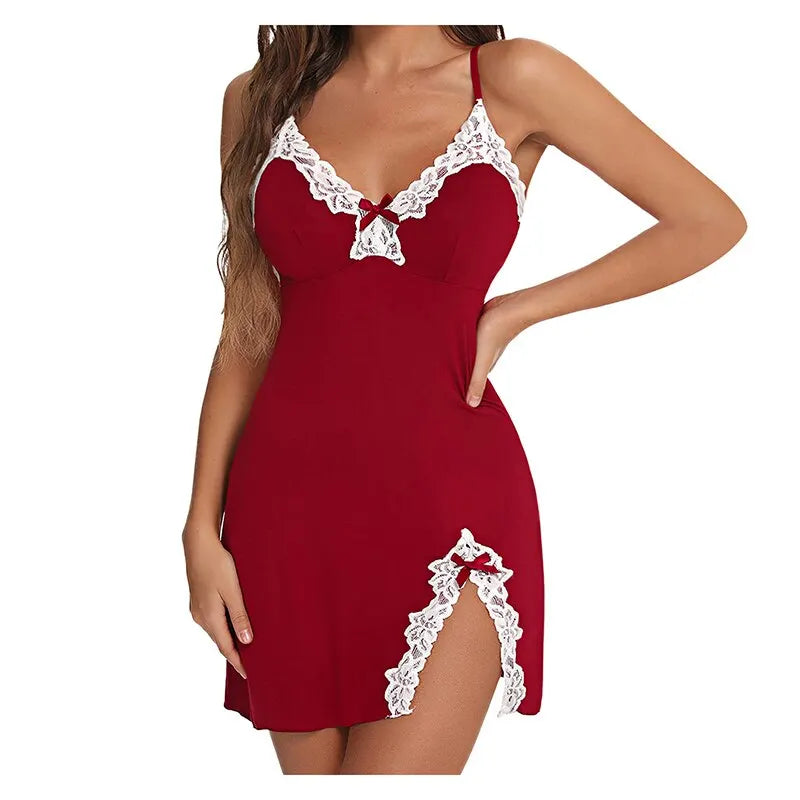 Sexy Nachtwäsche Damen Spitze Seidensatin V-Ausschnitt Nachthemd Geteilter Saum Weiche Dessous Nachtkleid Ärmellose Schlafkleidung Damenbekleidung