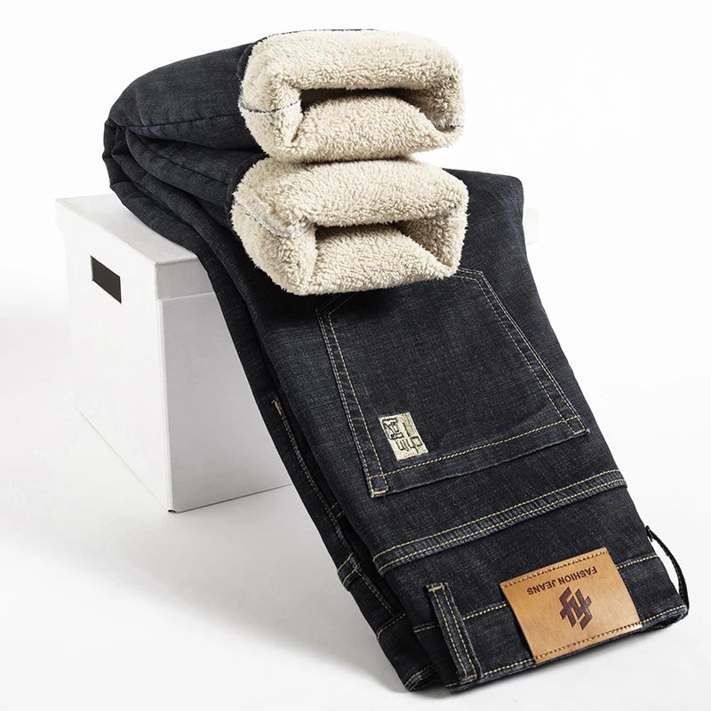 Men's Fleece Lined Warm Straight Denim Jeans Plus Size