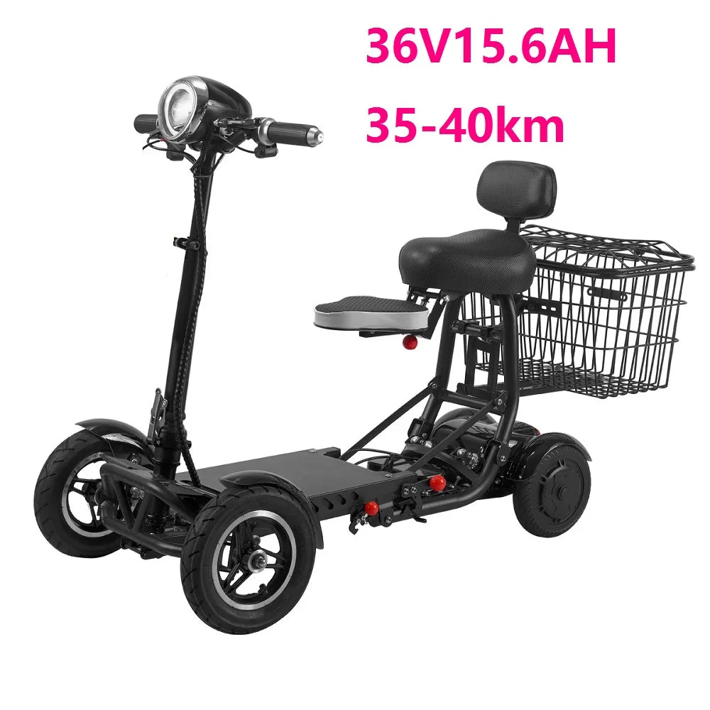 Black electric tricycle with a basket and seat, featuring battery specifications on a white background.