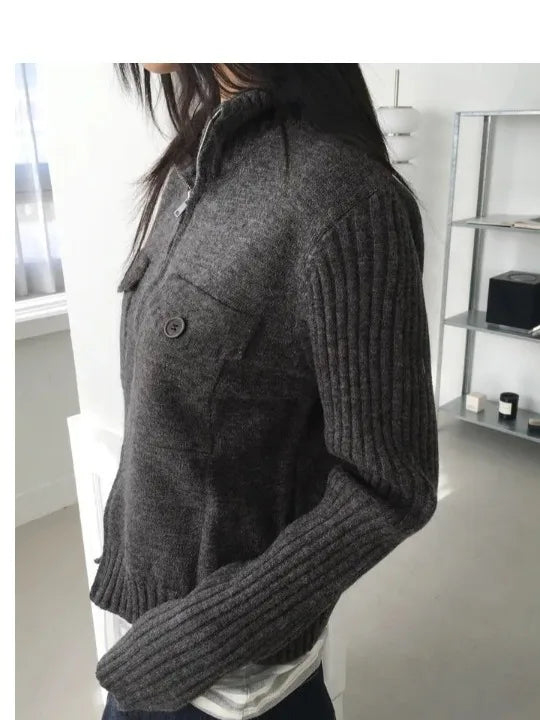 Lazy Knitted Sweater Coat Women High Collar Short Vintage