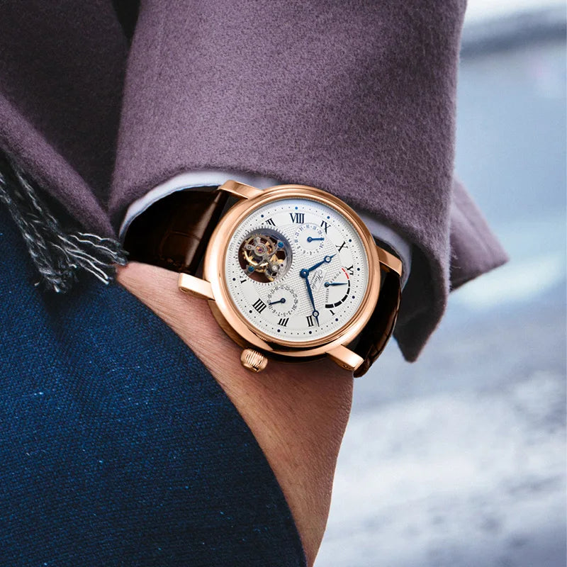18K Solid Gold Tourbillon Watch Multi-function Dial Manual Mechanical Watch Sapphire