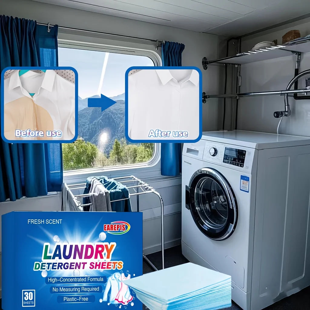 Laundry detergent sheets packaging with a washing machine and laundry rack in a room.