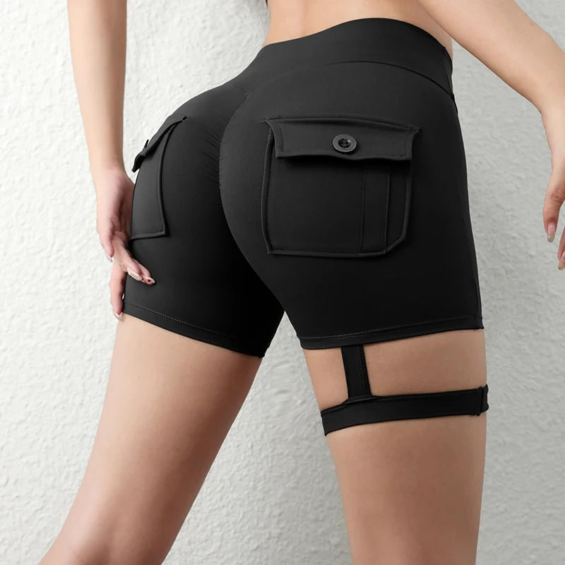 Women's Peach Yoga Shorts 3/4 Cargo Pocket Air Dry