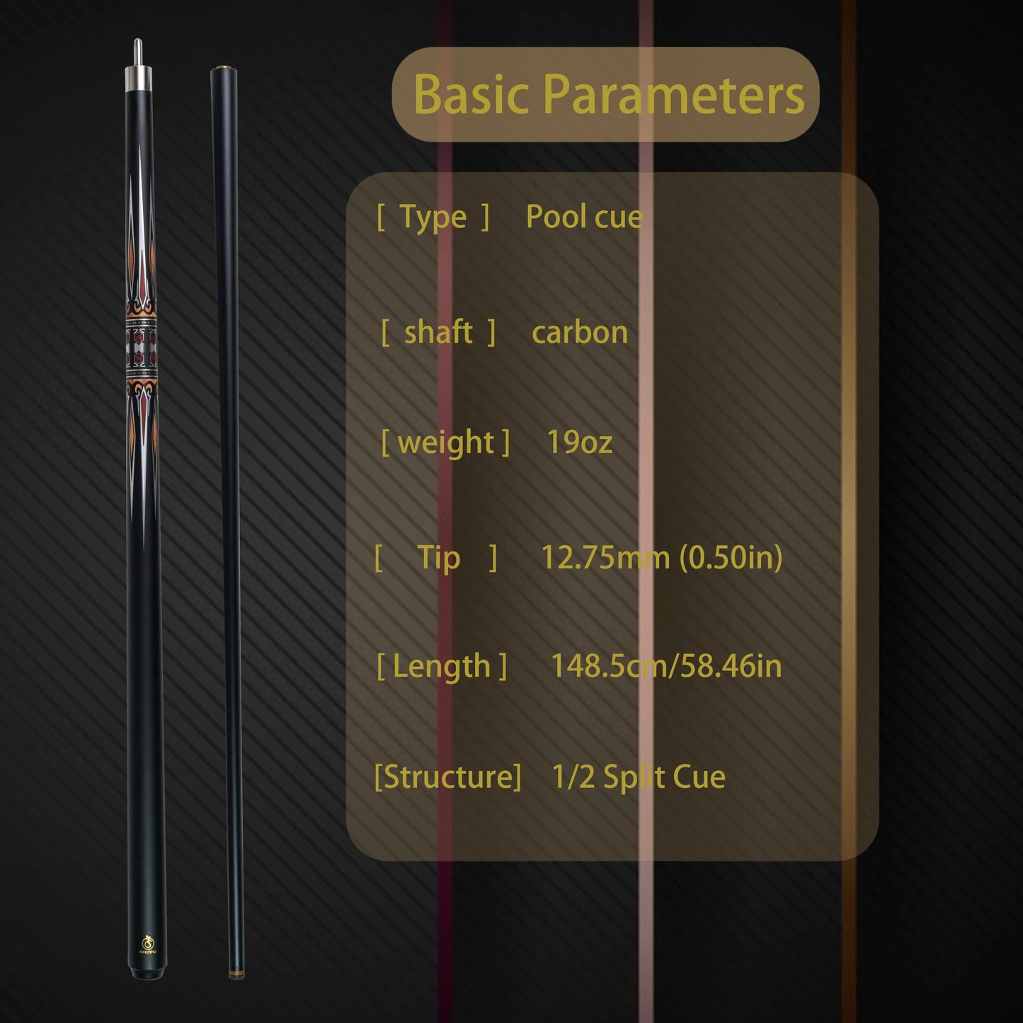 12.75mm Tip High-Quality Multi-Layered Carbon Fiber and Glass Fiber Billiard Cue with Metallic Pattern, Yellow Color, Perfect fo