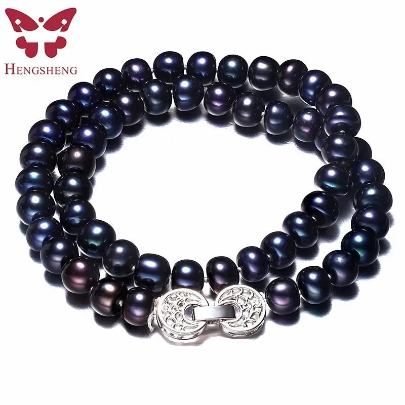 7-10mm Natural Freshwater Black Pearls Necklace for Women 925 Sterling Silver Life of Tree Buckle Necklace Jewelry Gift - Teglex
