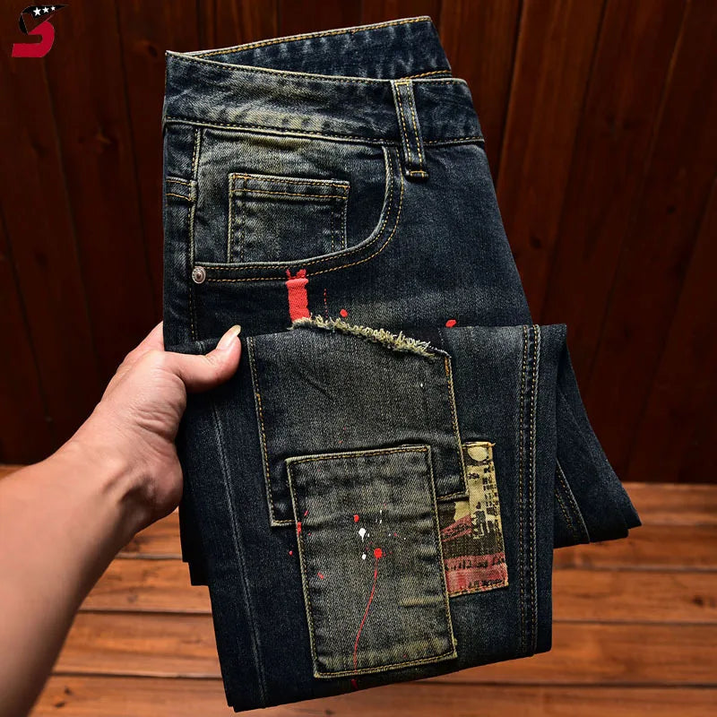 Men's Slim Straight Retro Patchwork Denim Jeans