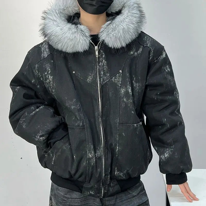 Men's Winter Jacket | Fur Collar Eagle Embroidered Tie-Dye Cotton Coat | Teglex
