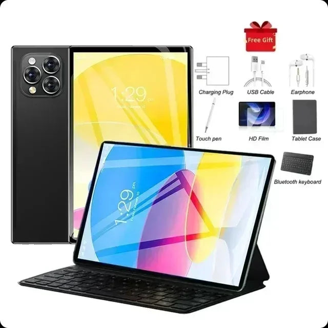 Tablet with keyboard cover and accessories on a white background