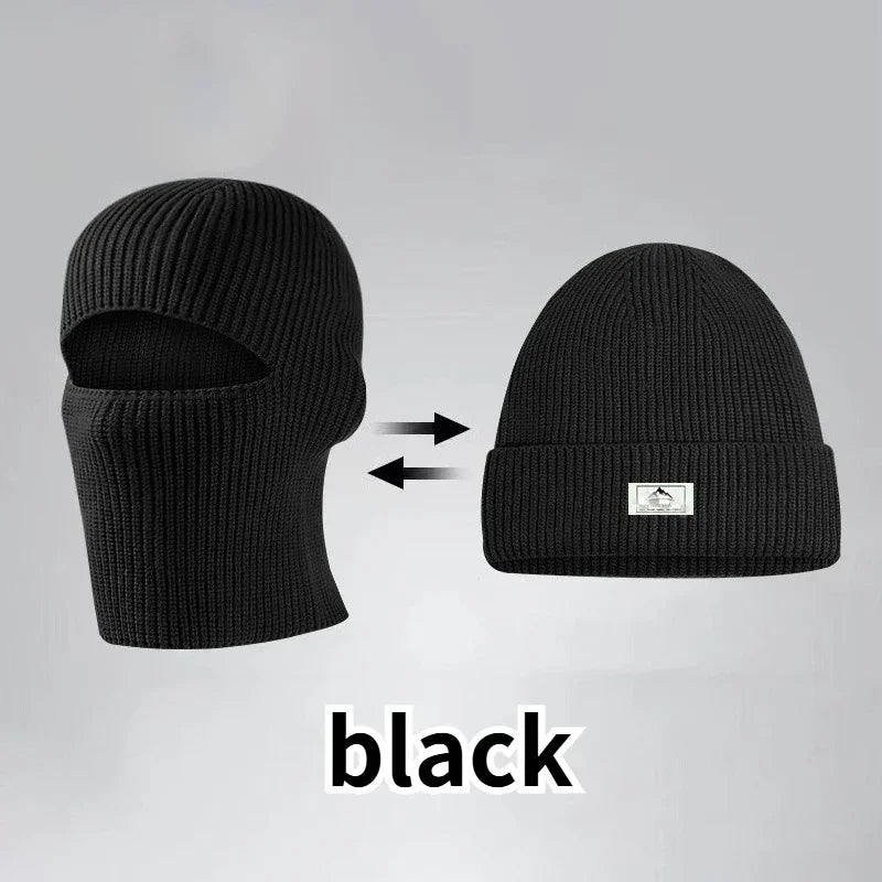 2-in-1 Wintermasken-Mützen, warm gestrickte Sturmhaubenmützen, winddicht, solide, ganze Gesichts-Ski-Haube, taktische Radsport-Ohrenschützer-Kappe
