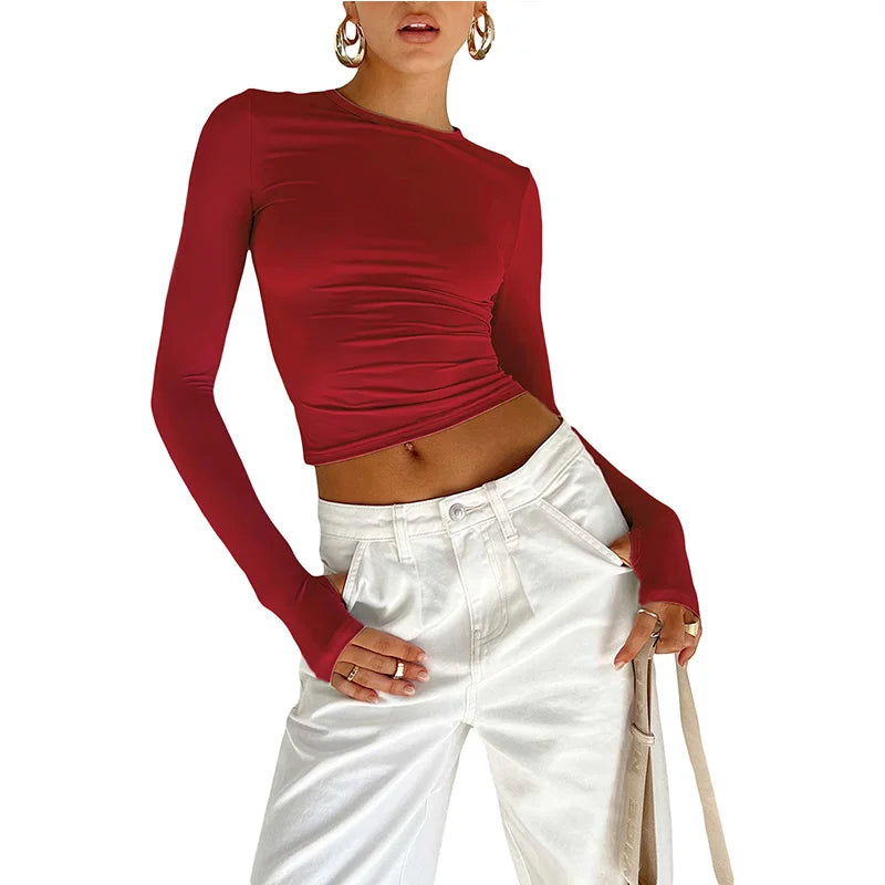 Damen Langarm Slim Crop Top mit Daumenlöchern