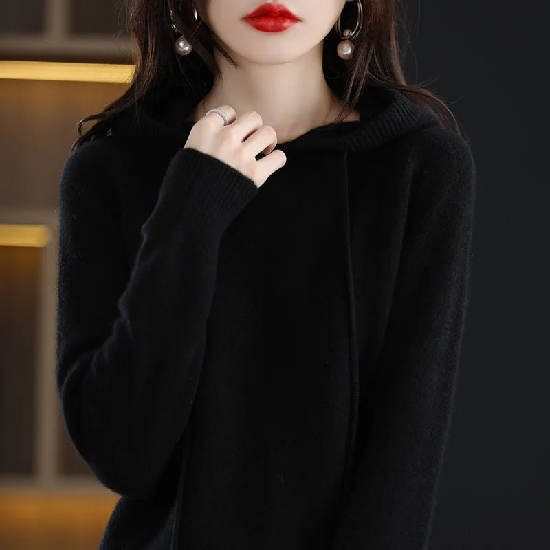 Women's Cashmere Knit Hooded Drawstring Pullover Hoodie