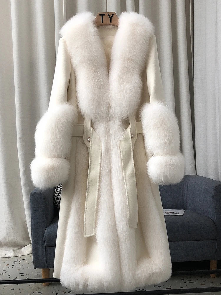 Women's Fox Fur Collar White Goose Down Jacket Winter Fall