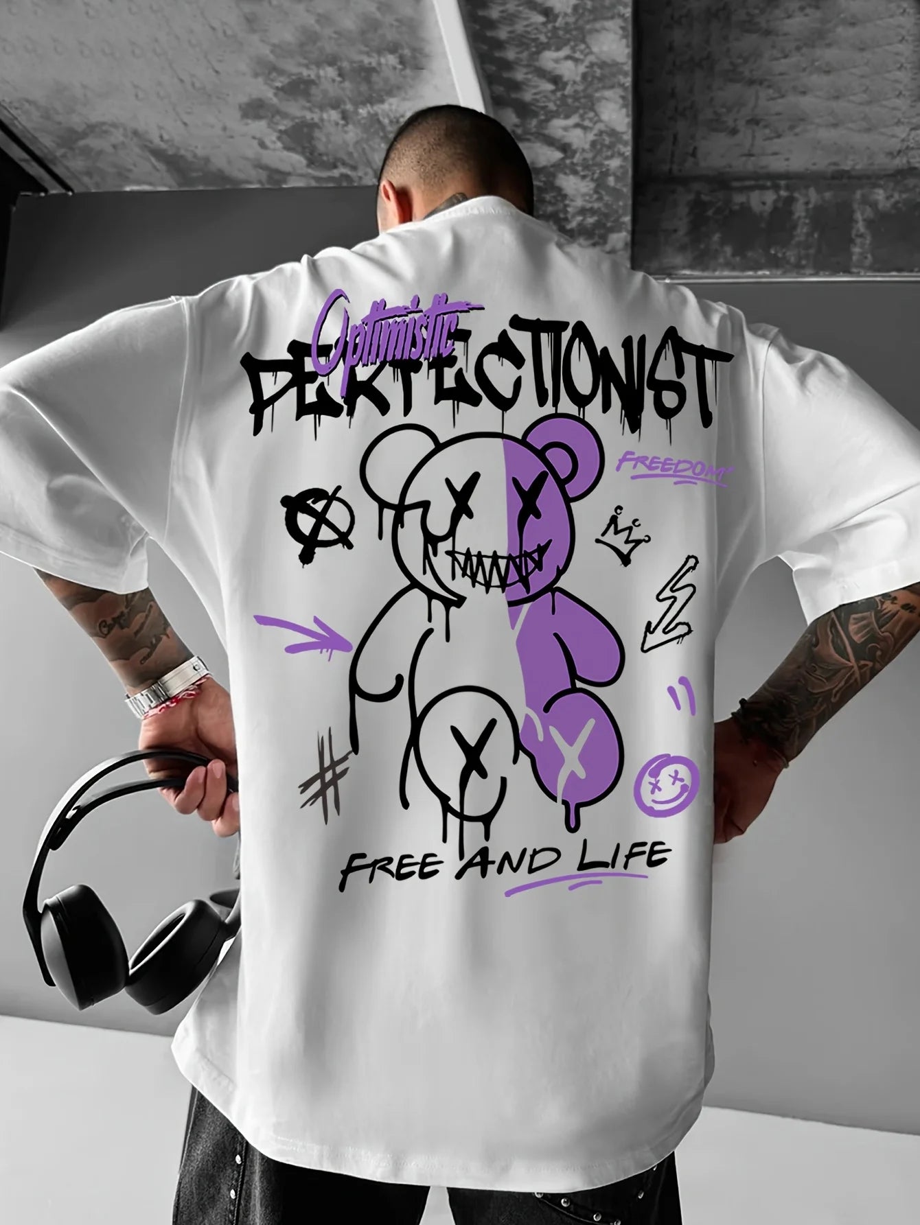 Herren-T-Shirt aus Polyester mit Buchstaben-Bärenmuster