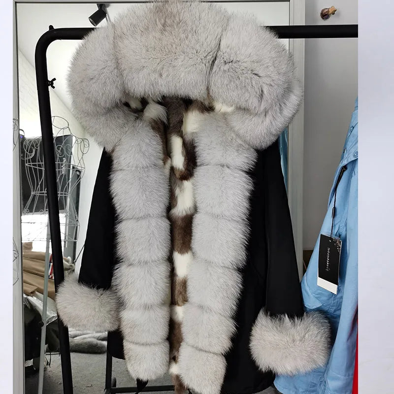 Women's Fox Fur Collar Leather Long Parka Coat Winter Casual