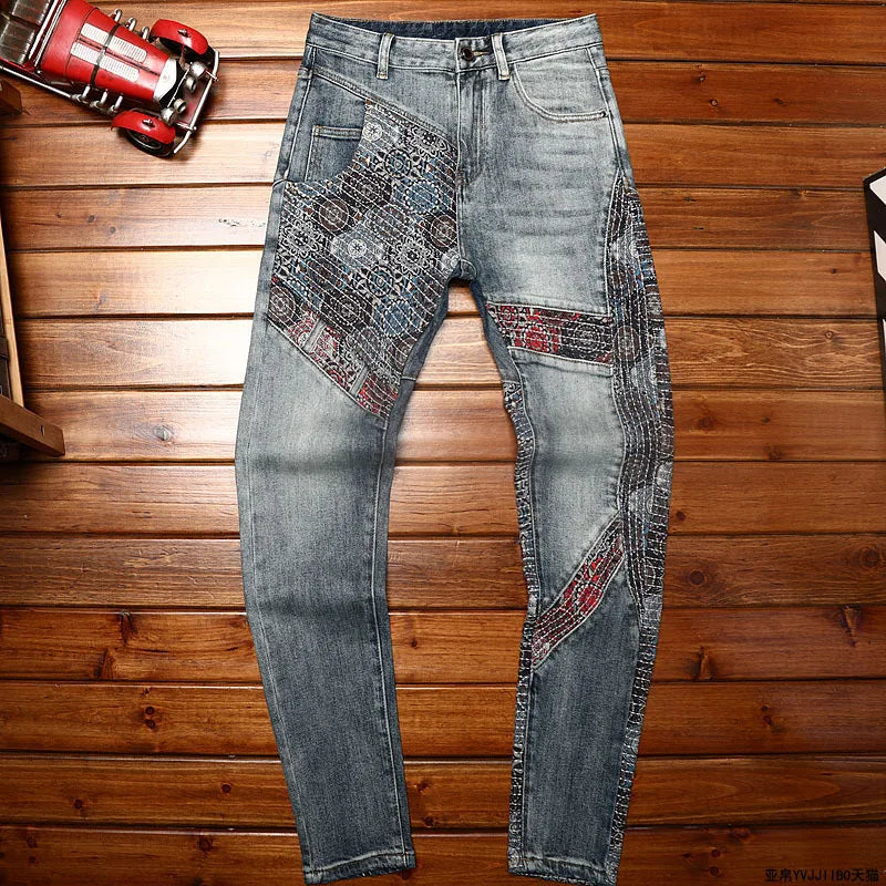 Men's Embroidered Retro Jeans – Stretch Distressed