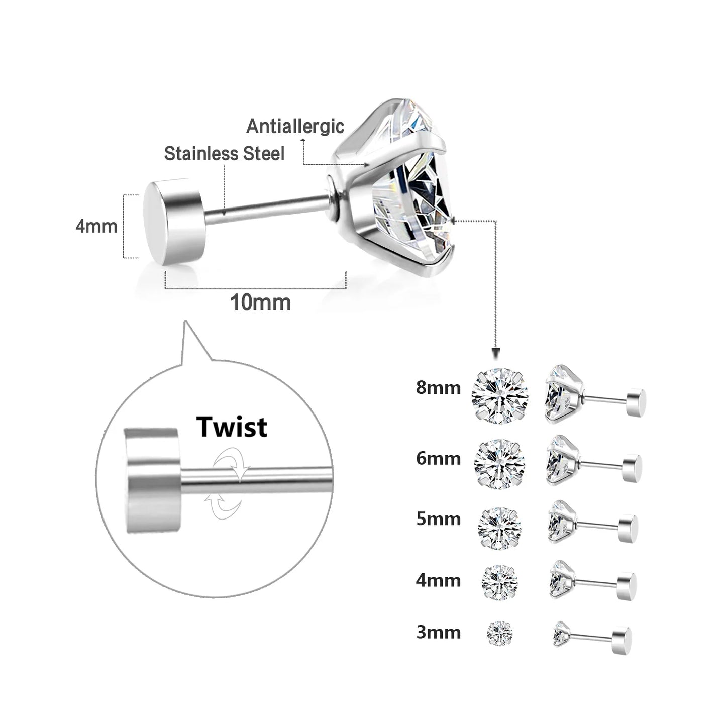 LUXUSTEEL 1Pairs/2Pcs Stainless Steel Crystal Studs Earrings For Women Men 4 Prong Tragus Round Clear Cubic Zirconia Ear Jewelry - Teglex