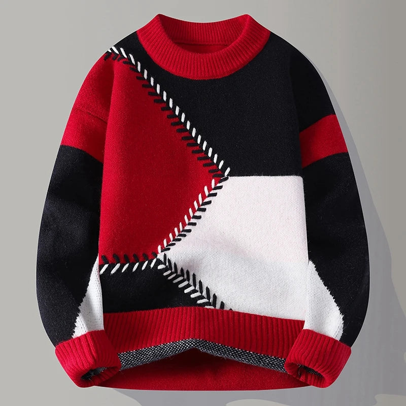 Herren O-Neck Patchwork Strickpullover Locker Warm
