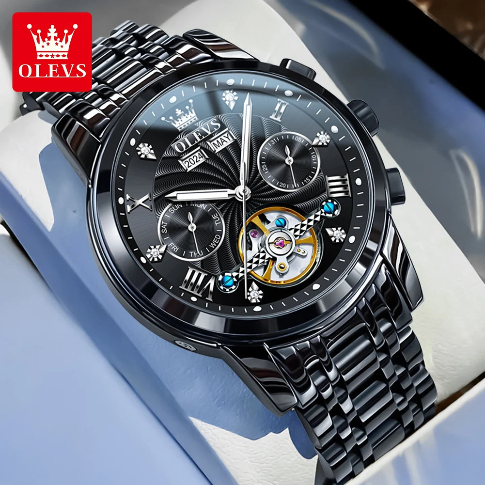 OLEVS Luxury Automatic Mechanical Watches for Men Skeleton Flywheel Calendar Week Business Man Watch Hollowed Men's Watches - Teglex