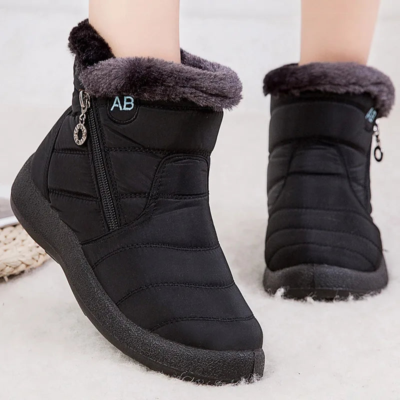 Damen-Stiefeletten mit Fell, niedrigem Absatz, wasserdichte Schneestiefel