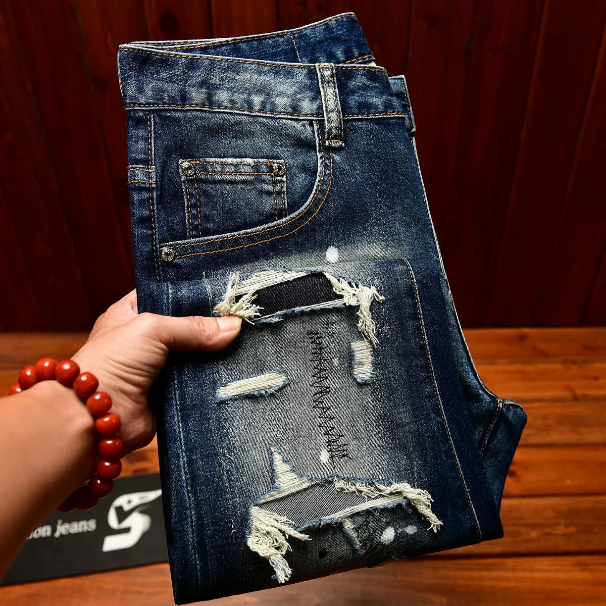 Men's Nostalgic Slim Jeans – Patched Inkjet Denim