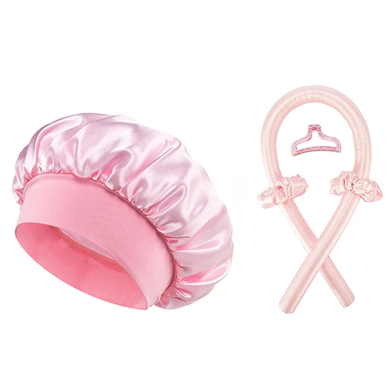 No Heat Lockenwickler und Satin-Schlafmützen-Set, hitzefreies Haar-Locken-Stirnband, Haarklammer, Haargummis, weiche Schlafmütze, Salon
