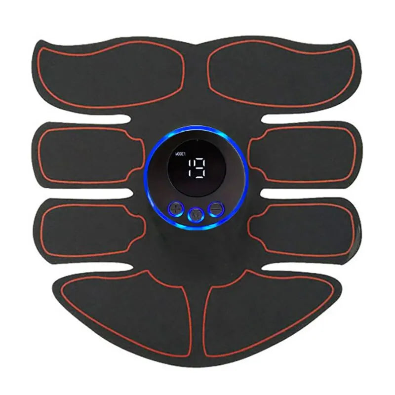 Black and red muscle stimulator device with digital display on a white background