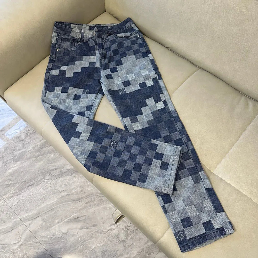 Mosaic Checkered Jeans Unisex Straight Loose Fit