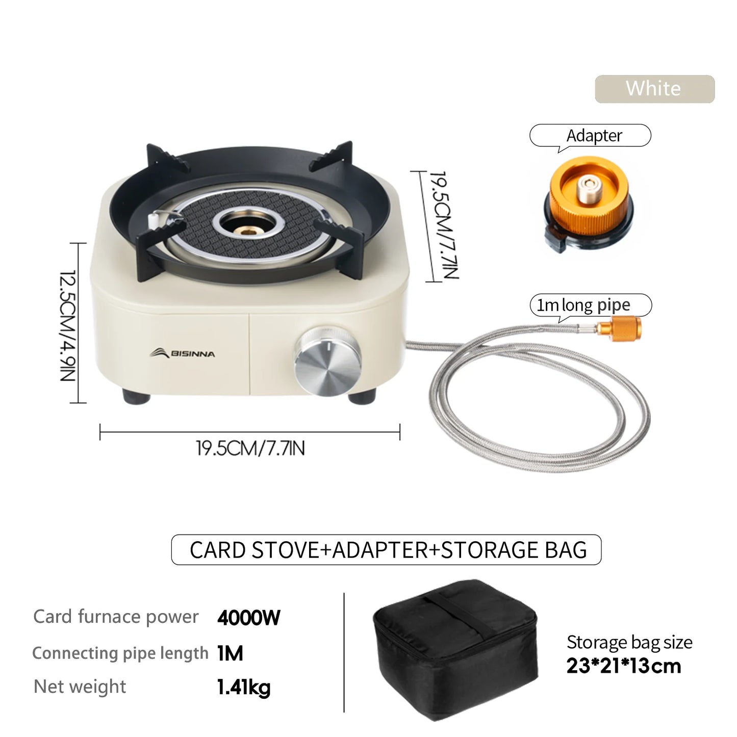 Card stove with adapter and storage bag, featuring dimensions and specifications.