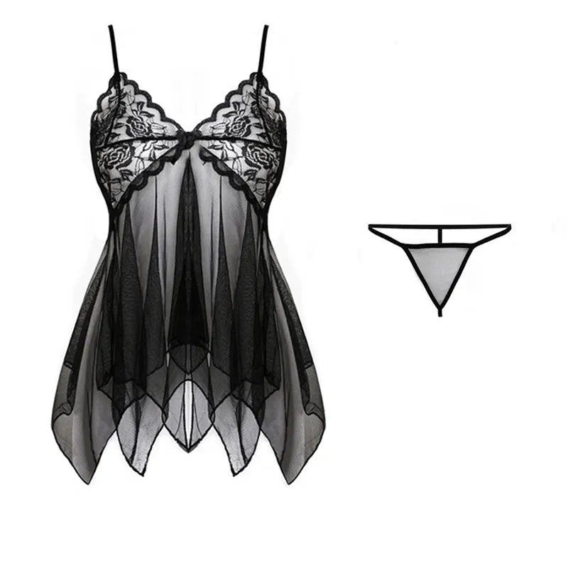 Damen V-Ausschnitt Spitzen-Tüll-Dessous & String-Nachthemd-Set