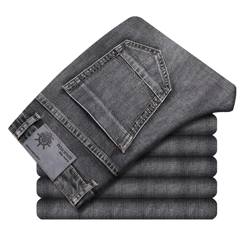 2024 Cotton Stretch Jeans Business Casual Men's Thin Denim Jeans Grey Spring Summer Brand New Fit Straight Lightweight - Teglex