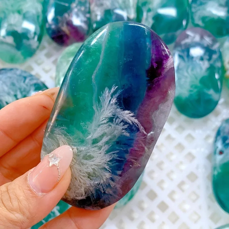 Quality Snowflake fluorite palm stone polished crystal palm stone vibrant color with purple