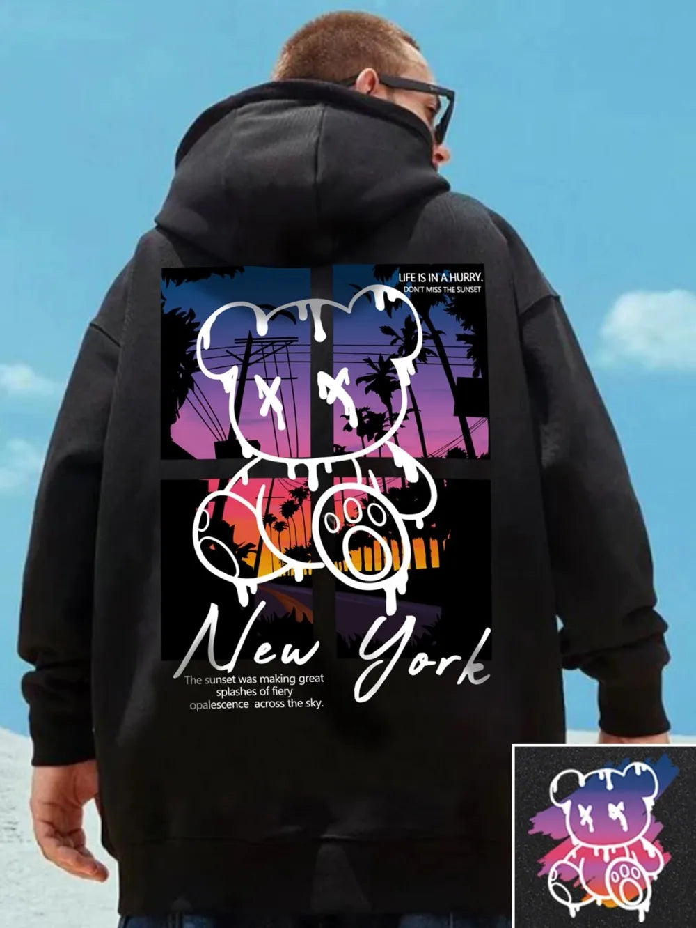 New autumn European and American men's teddy bear graffiti print soft and comfortable hooded sweatshirt outdoor street style clo - Teglex -