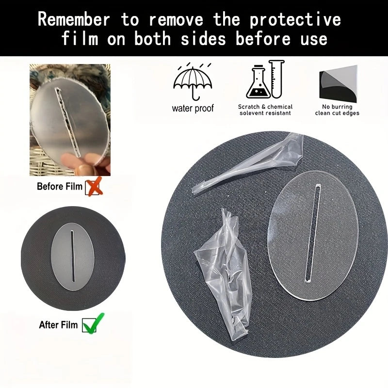 Clear protective film on a black surface with text and icons indicating features and usage instructions.