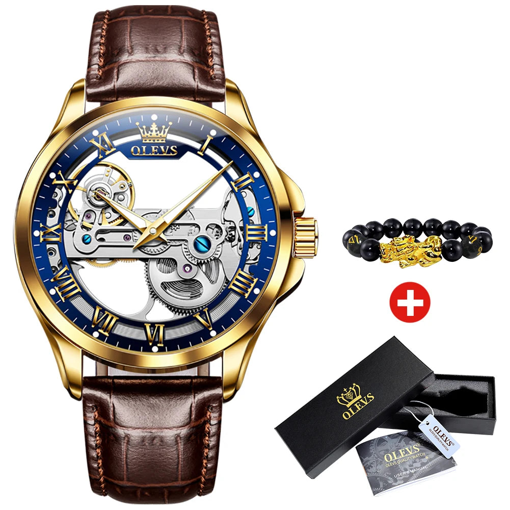 OLEVS Men's Watches Automatic Mechanical Watches Waterproof Leather Strap Top Luxury Men Wristwatch Luminous Gift Box Watch Men - Teglex
