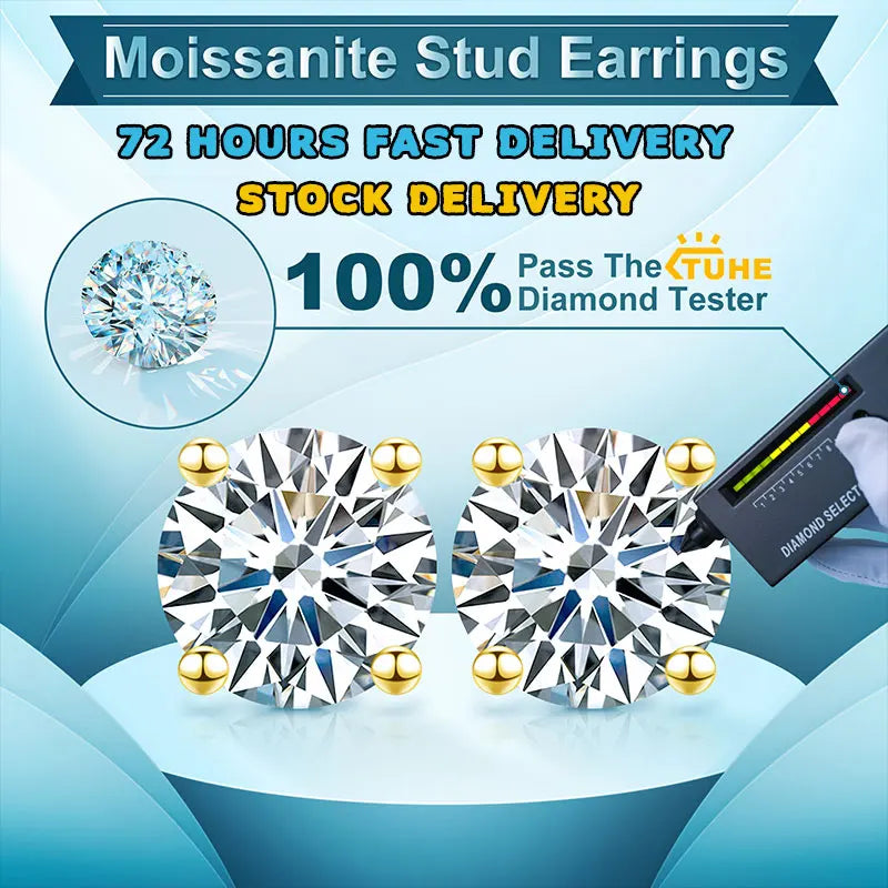 TUHE Unisex Classic Round Moissanite Earrings 925 Silver For Women D Color VVS1 Moissanite Round Earrings Fine Jewelry - Teglex