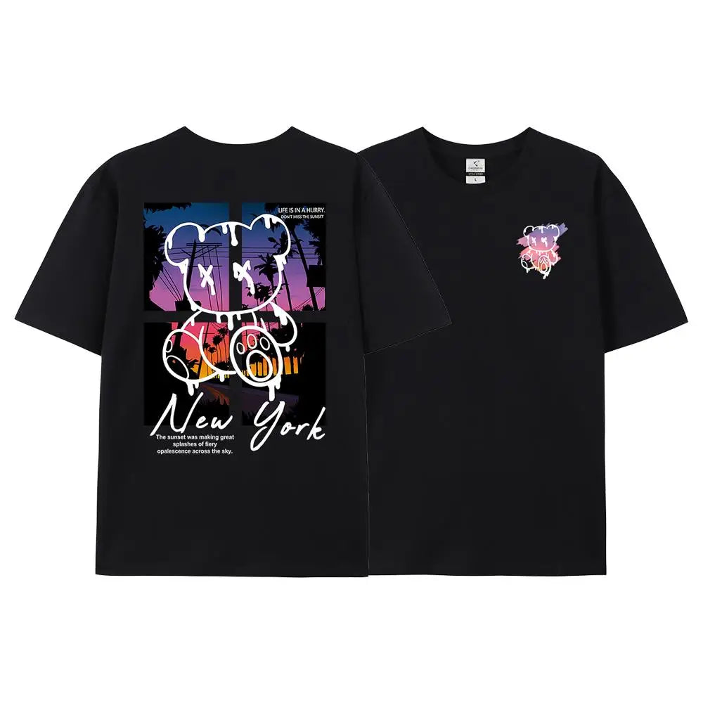 New York Art Word Cartoon Bear Sunset Scenery Design T Shirts Men Hip Hop Cotton Shirt Loose Summer T Shirts Oversized Tees - Teglex -
