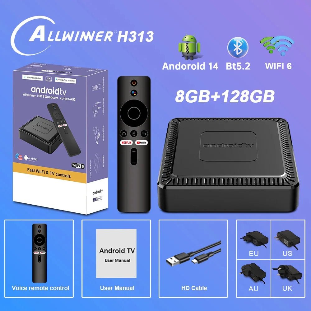 2025 Neue Q7 Smart TV Box Android14 Allwinner H313 8G+128GB ROM Dual-Band WiFi 6 Bluetooth 5.2 Google Sprachfernbedienung Media Player