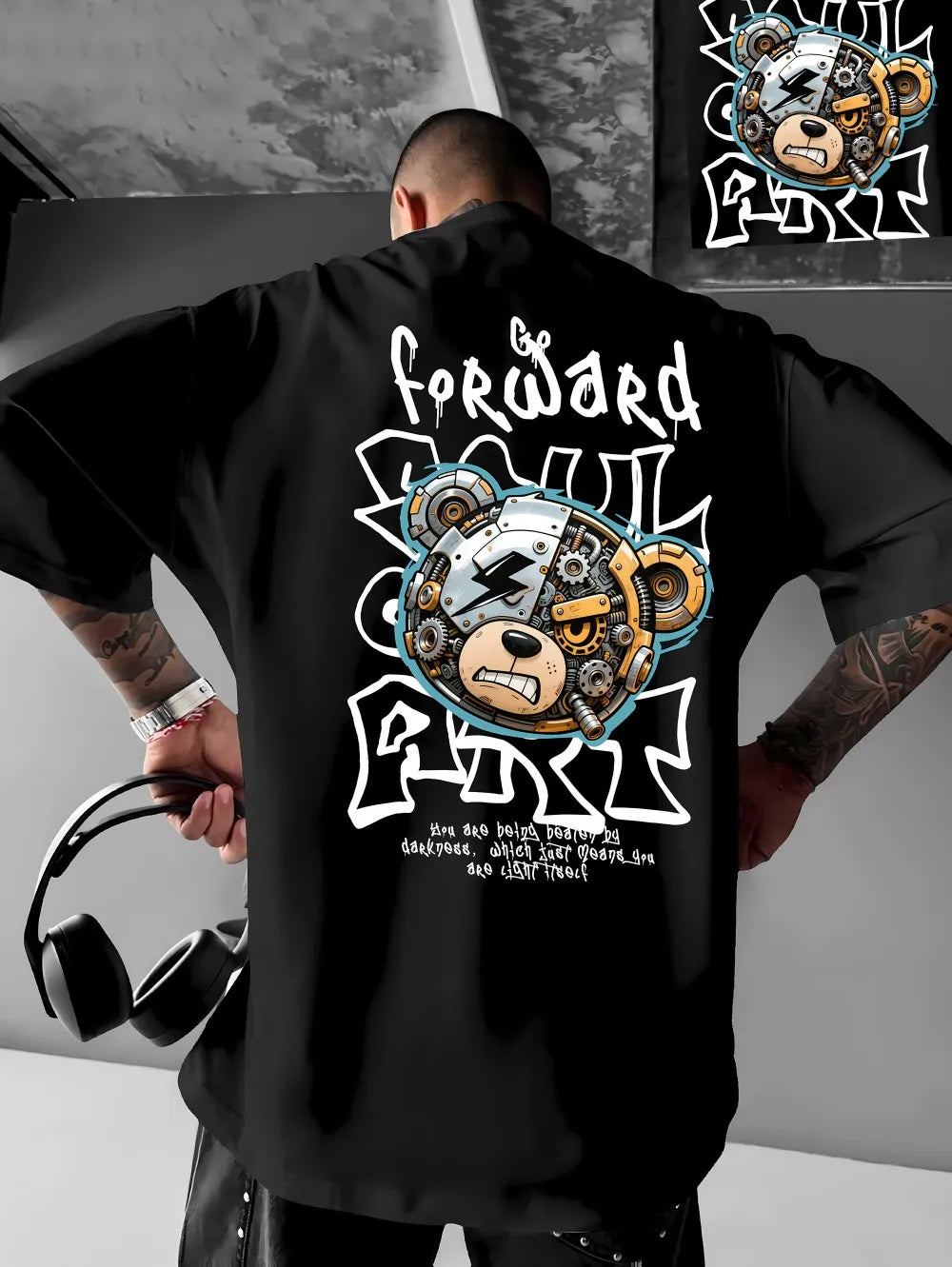 Herren T-Shirt mit mechanischem Bären-Print, atmungsaktiv, Rundhalsausschnitt