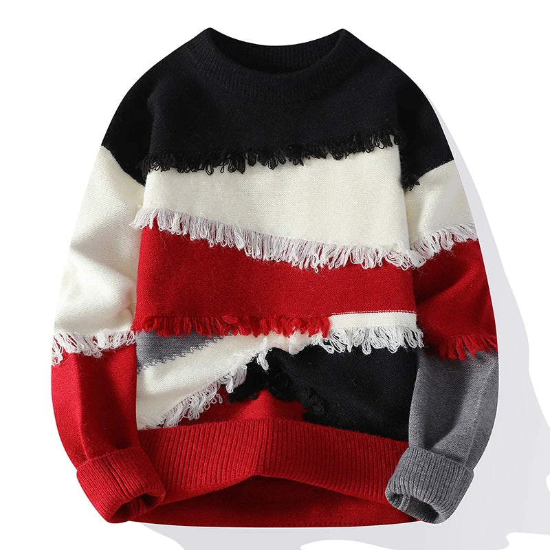 Patchwork Fringe Knit Pullover | Round Sweater