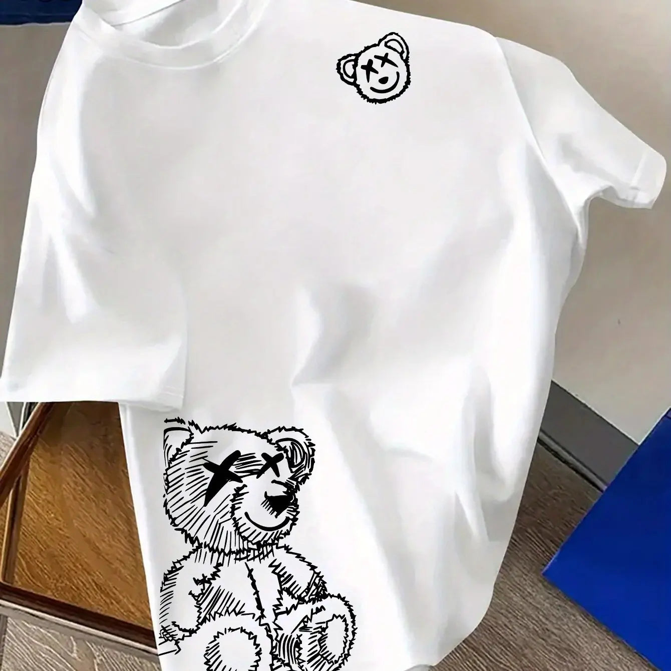 Herren Baumwoll-T-Shirt mit Bärenprint, Rundhals, lässig