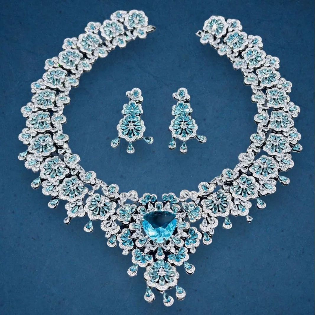 100% 925 Sterling Silver Lab Sapphire Paraiba High Carbon Diamonds Gemstone Pendants Necklace