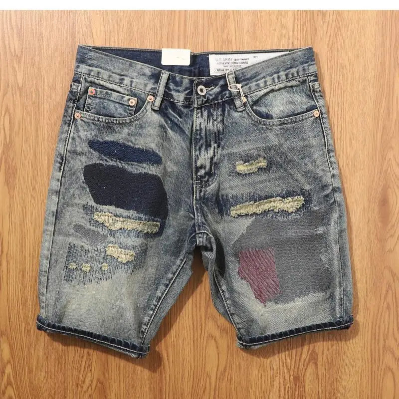 Ripped Denim Shorts Men Patch Washed Designer Jeans