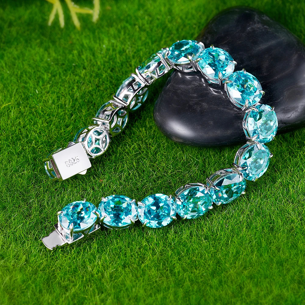 925 Sterling Silver Oval Cut 10 12 MM Lab Sapphire Paraiba High Carbon Diamonds Gemstone Bracelet Bangle