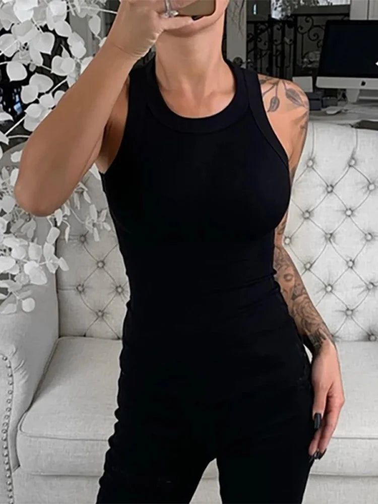 Damen Solides Rundhals-Rippstrick-Tanktop Camisole Damen Sommer Basic Elastisches Tanktop Rundhals Solides Tanktop